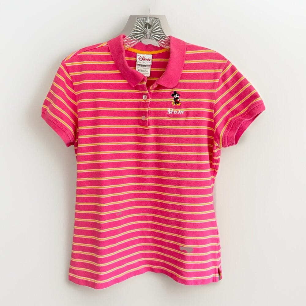 Disney “Mom” Polo Pink & Yellow Striped‎ w/ Embroidered Mickey Y2K Preppy Size M